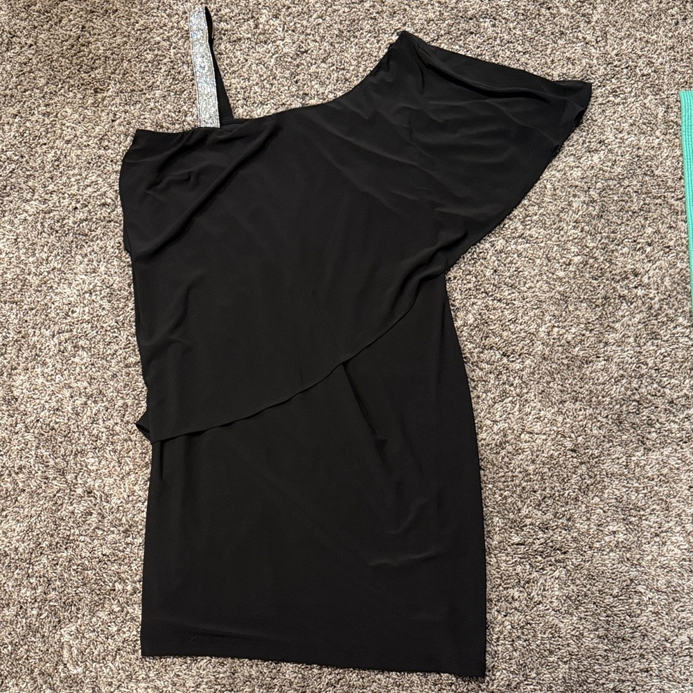 Roz & Ali Black One-Shoulder Dress with Silver Accent